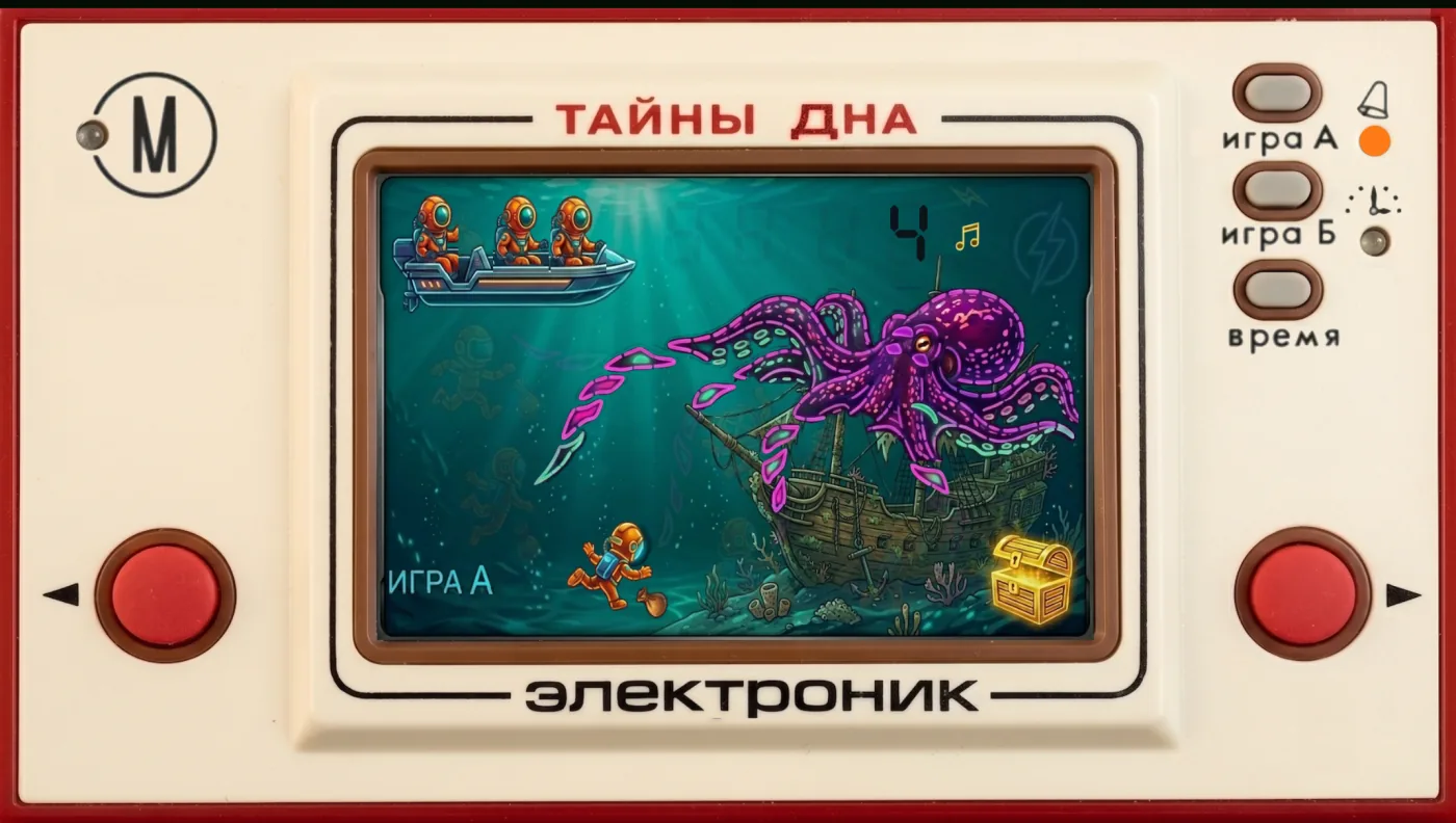 Secrets of the Deep redrawn in colour, divers in a boat and a purple octopus over a shipwreck