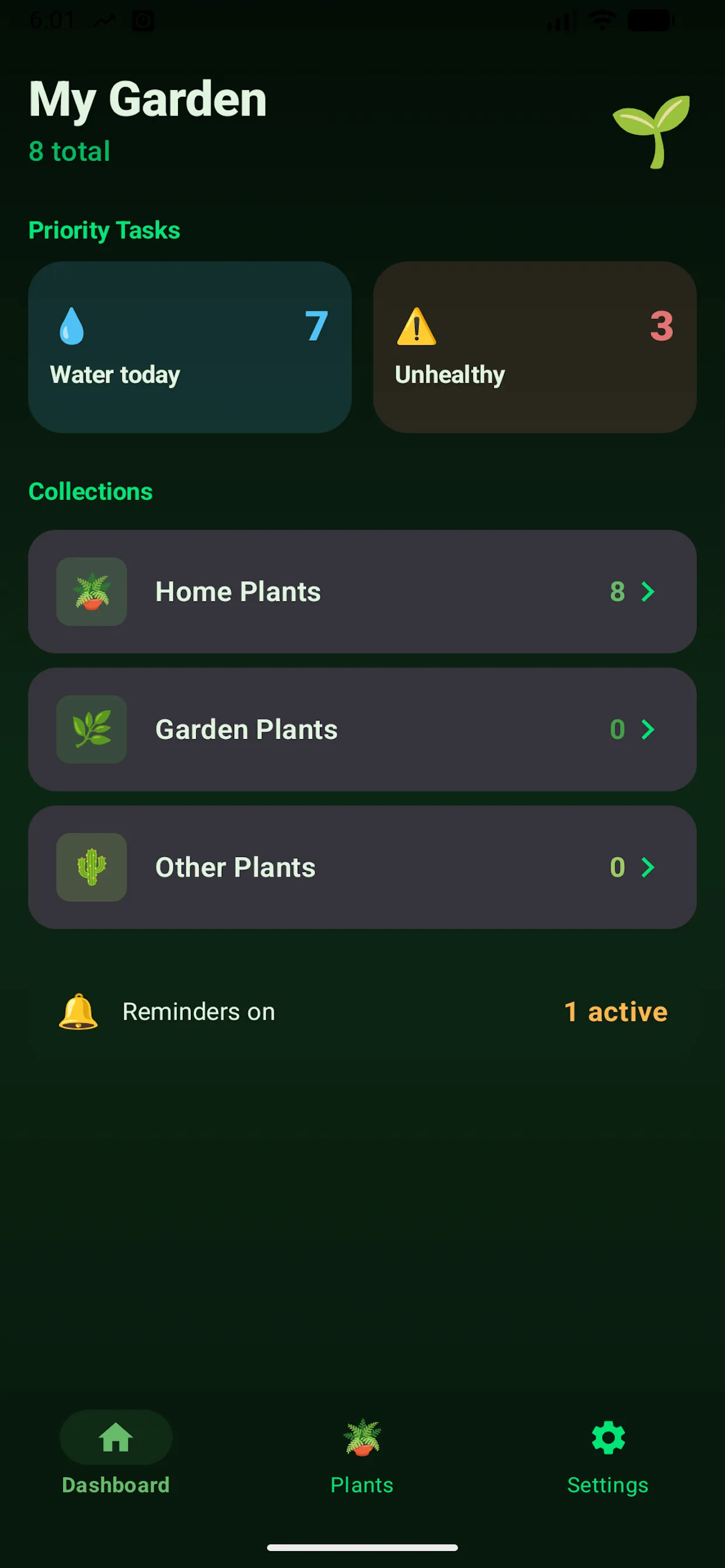 My Garden dashboard showing 8 plants, 7 due for watering today, 3 unhealthy, and Home, Garden and Other collections