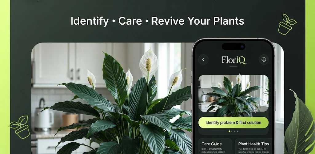 FlorIQ: Identify, care, revive your plants, with the app shown beside a peace lily
