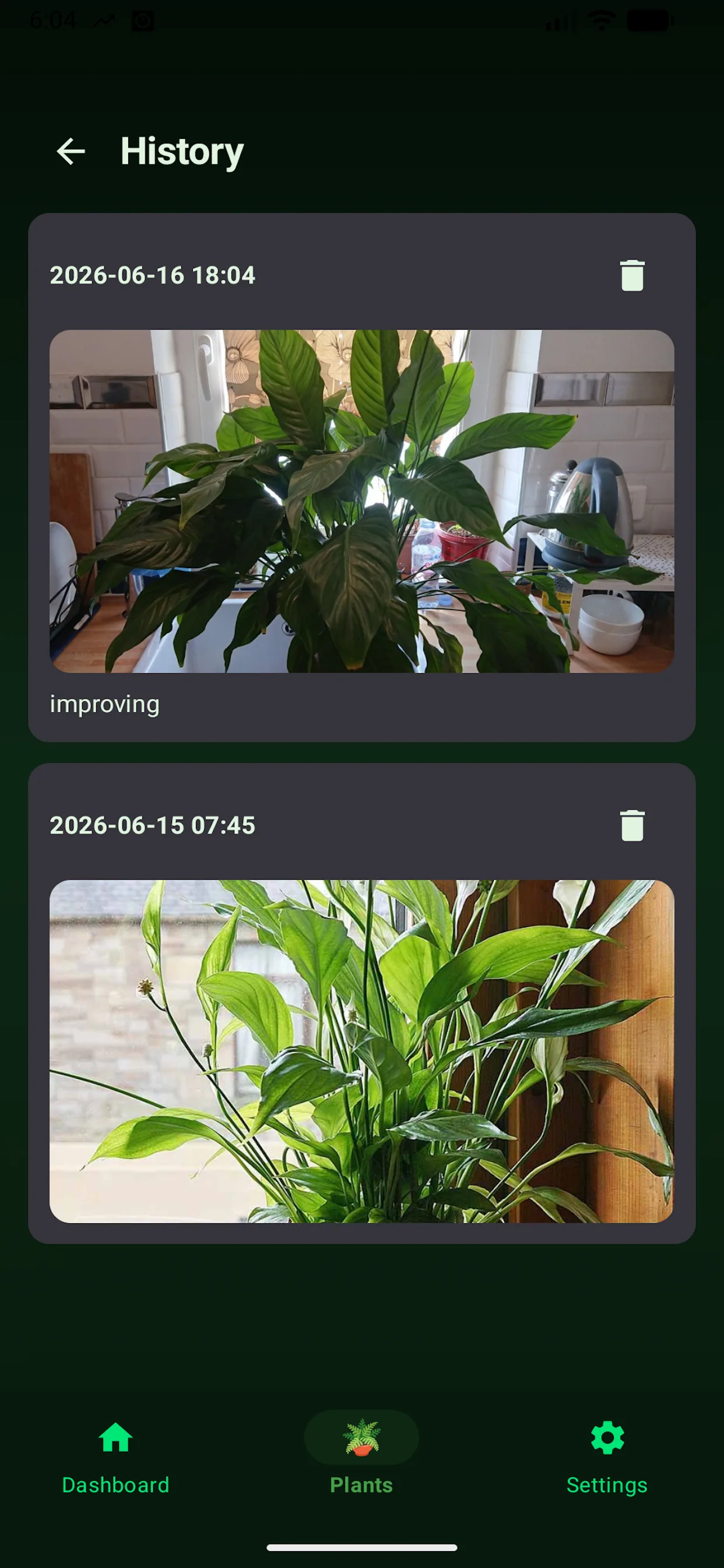 Plant history timeline with dated photos and a status note such as improving