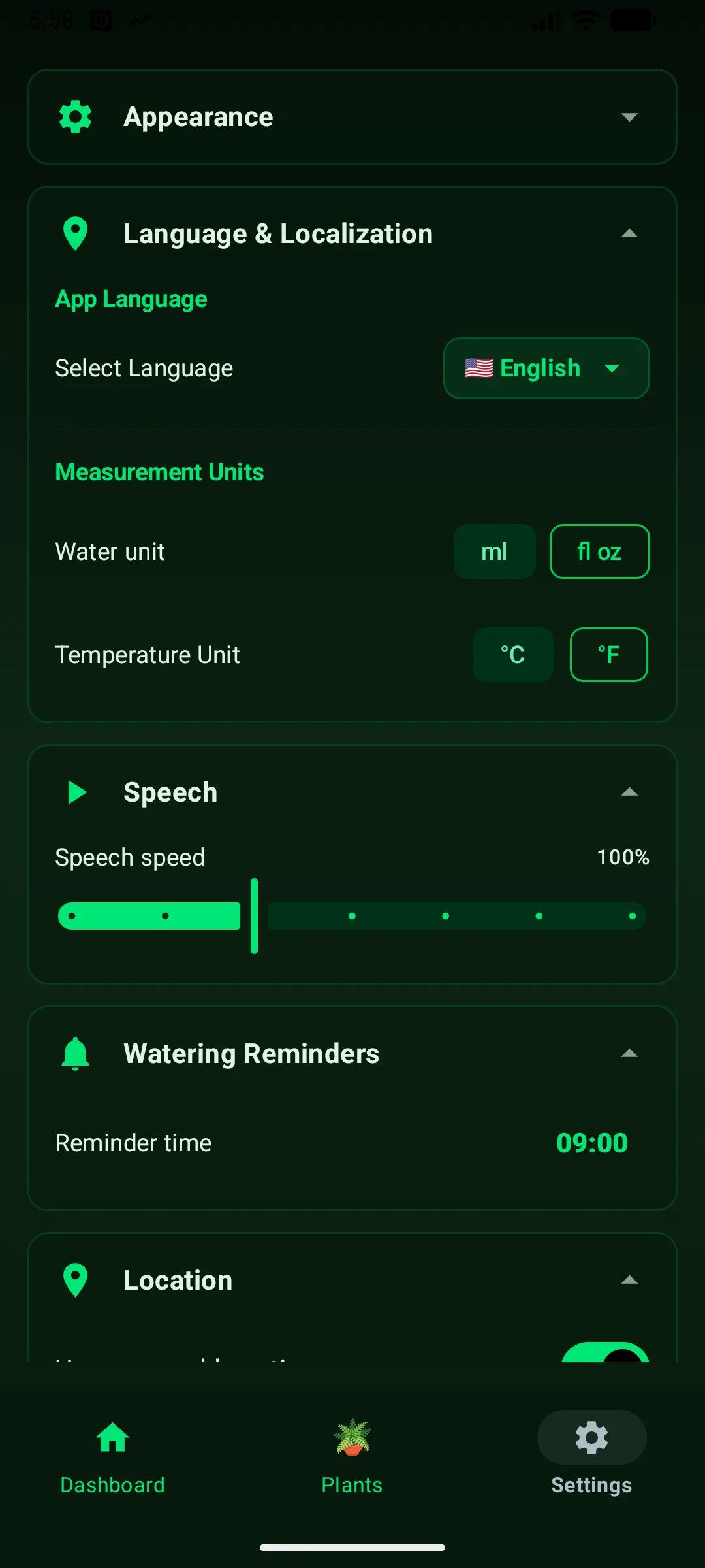 Settings with app language, ml or fl oz and Celsius or Fahrenheit units, speech speed and a daily watering reminder time