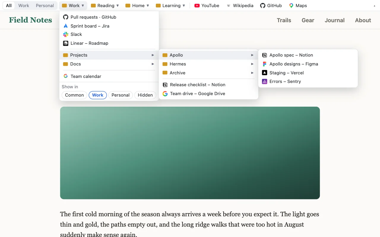 Folder Bar at the top of a web page with the Work folder open and its Projects and Apollo subfolders open as menus beside it