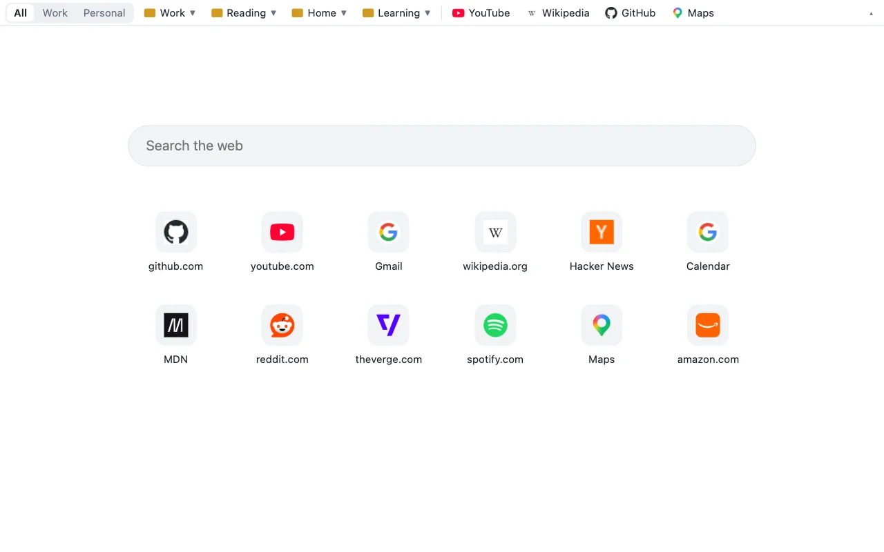 New tab page with the bar, a search box and a grid of most visited sites