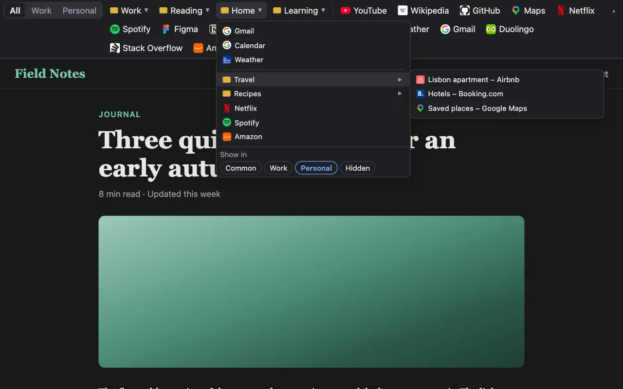 Folder Bar in dark mode with bookmarks wrapping onto three rows and the Home folder open with its Travel subfolder