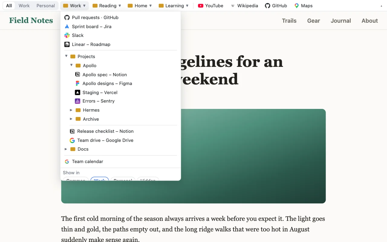A folder menu with subfolders expanded inside the same list