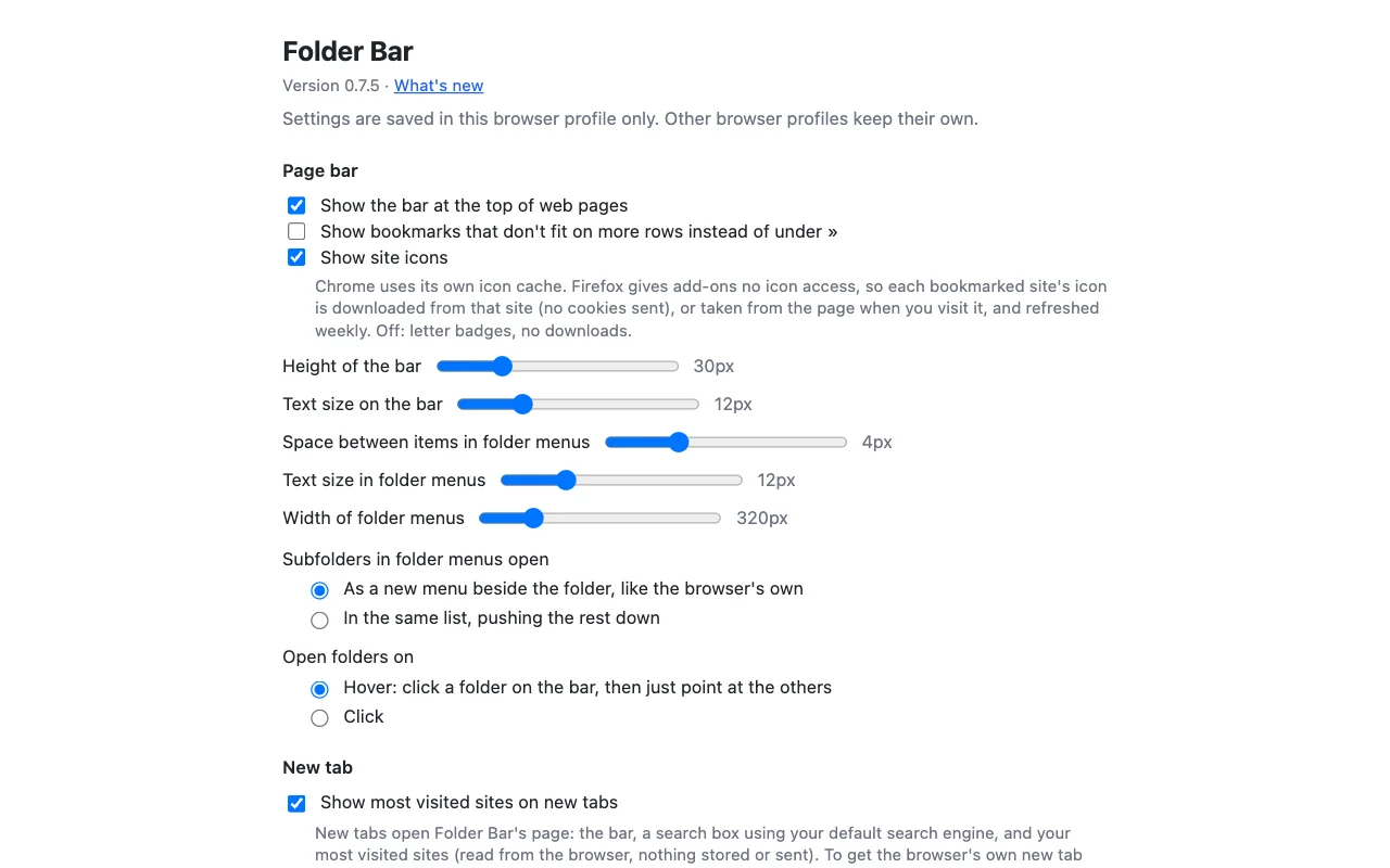 Settings with sliders for the bar's height and text size, menu spacing, text size and width, and how folders open