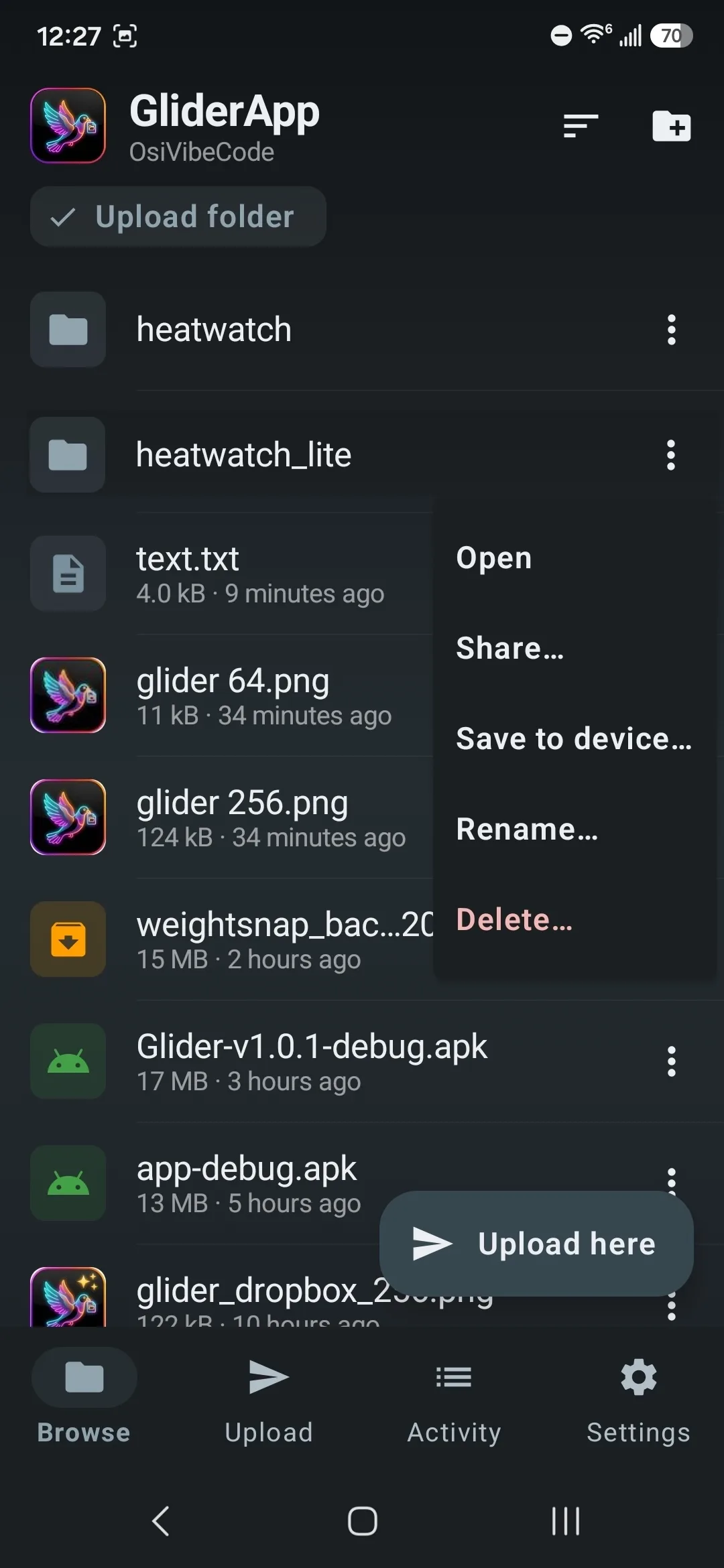 Browsing the Glider folder in Dropbox, with a file menu offering Open, Share, Save to device, Rename and Delete