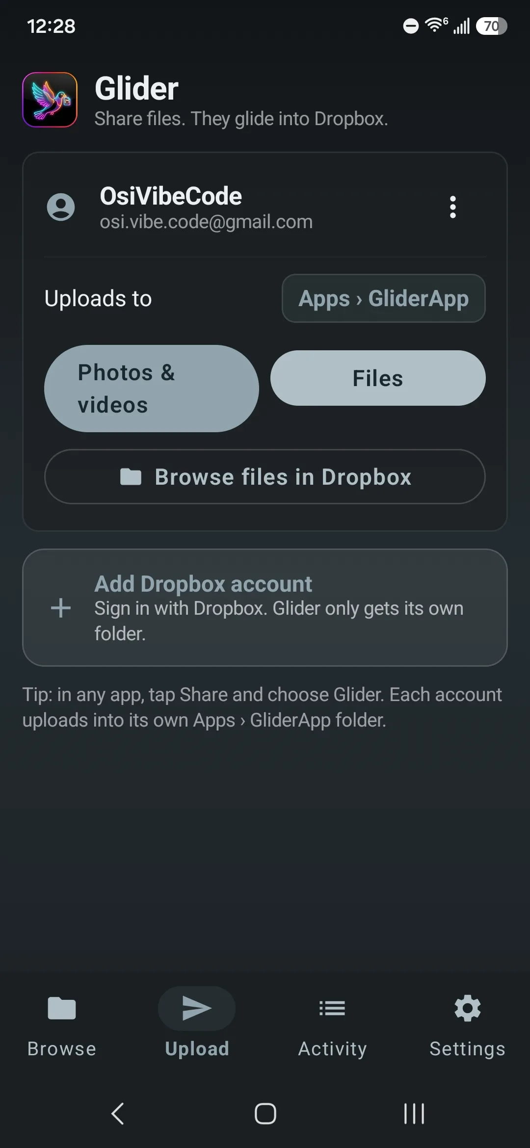 Upload screen with a linked Dropbox account uploading to Apps › GliderApp, Photos & videos and Files buttons, and Add Dropbox account