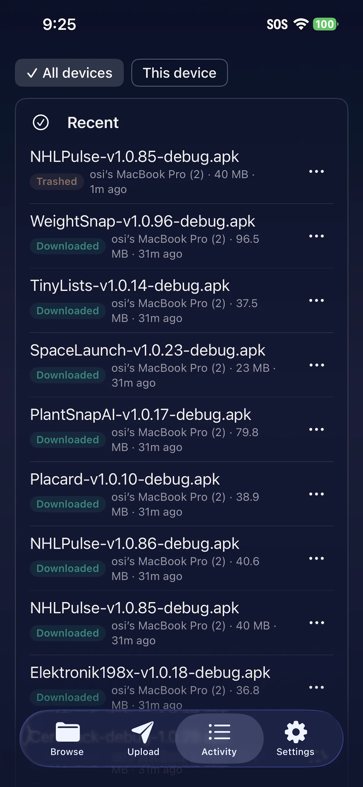 Activity list for all devices, showing files sent from a MacBook Pro marked Downloaded or Trashed