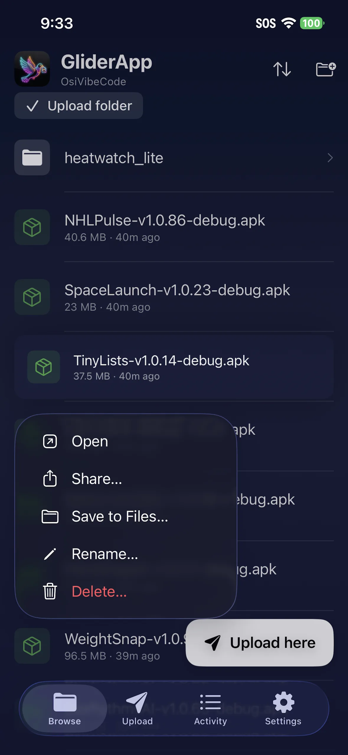 Browsing the Glider folder in Dropbox, with a file menu offering Open, Share, Save to Files, Rename and Delete