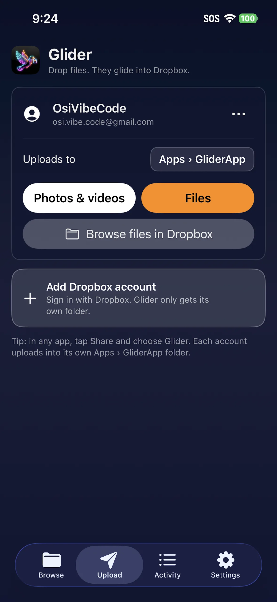 Upload screen with a linked Dropbox account uploading to Apps › GliderApp, Photos & videos and Files buttons, and Add Dropbox account