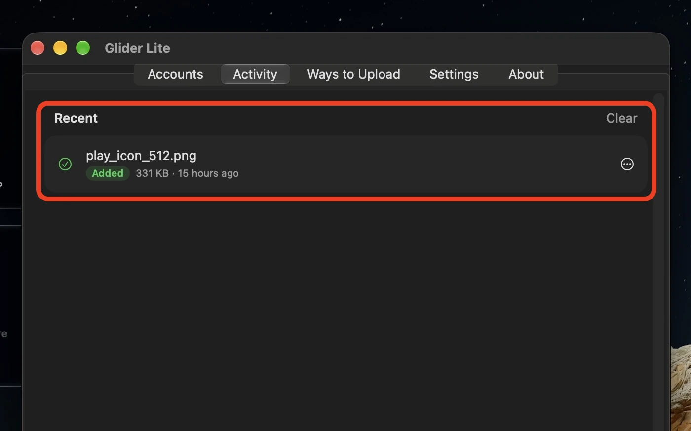 Glider Lite Activity tab showing a recent upload with its Added status