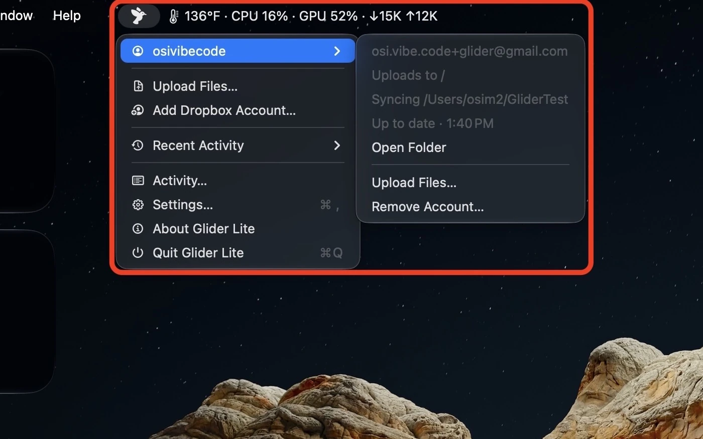 Glider Lite menu-bar menu open, with account, upload, recent activity and settings options