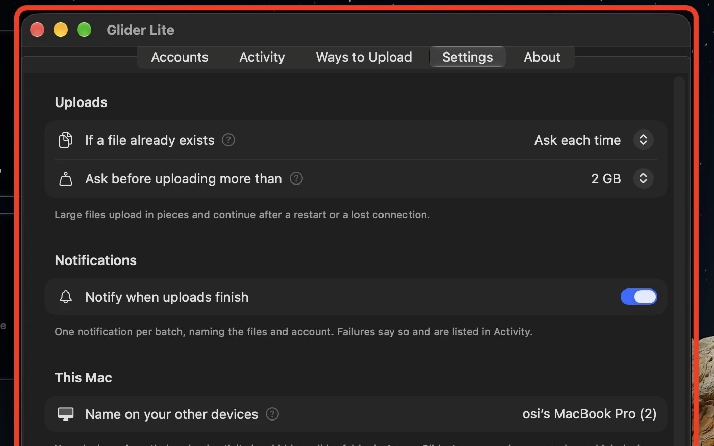 Glider Lite Settings: upload conflicts, notifications, device name and open at login