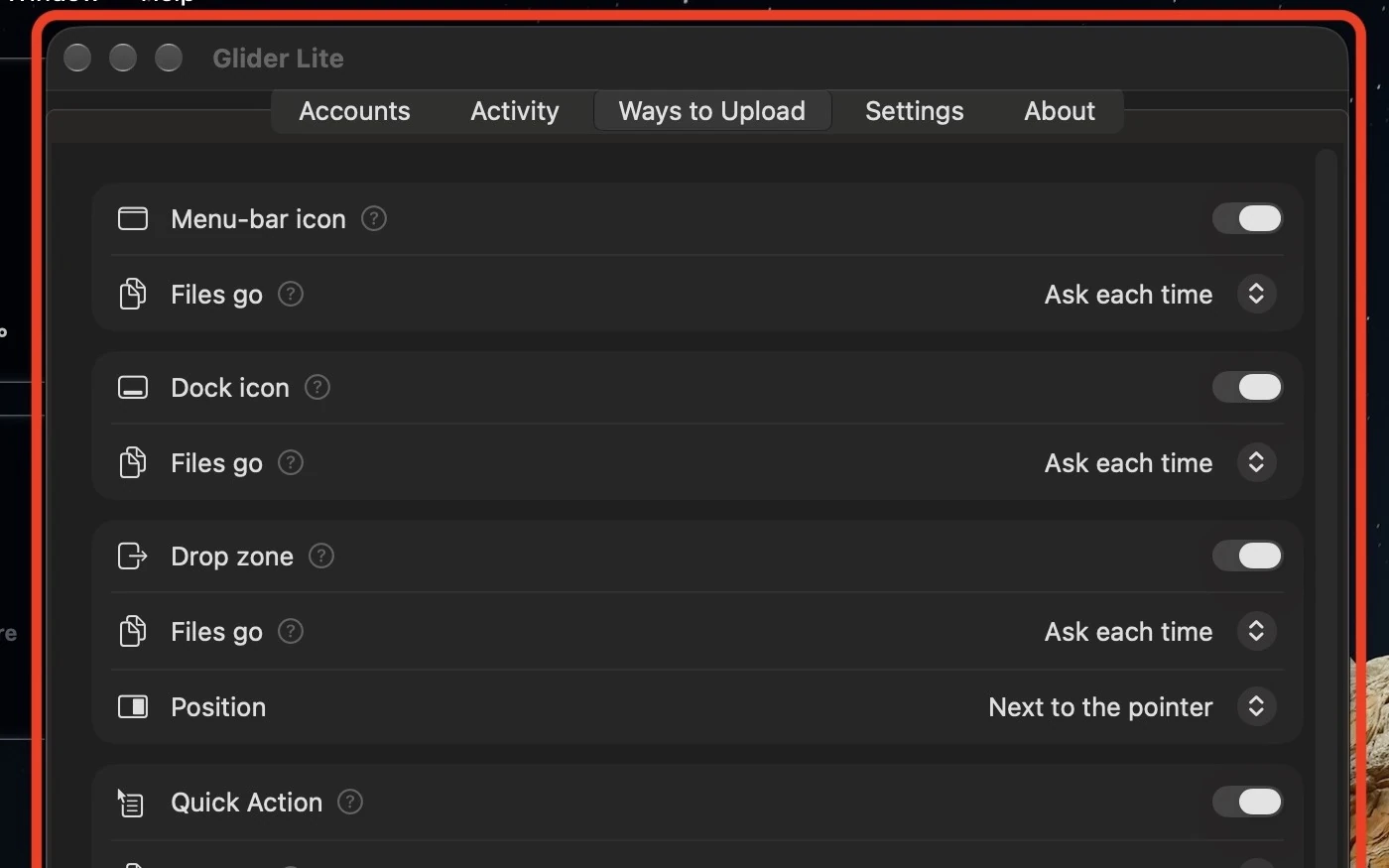 Glider Lite Ways to Upload settings: menu-bar icon, dock icon, drop zone and quick action