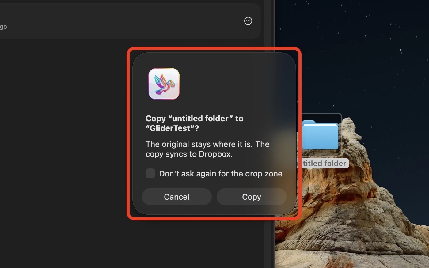 Glider asking to copy a dropped folder to the GliderTest folder in Dropbox