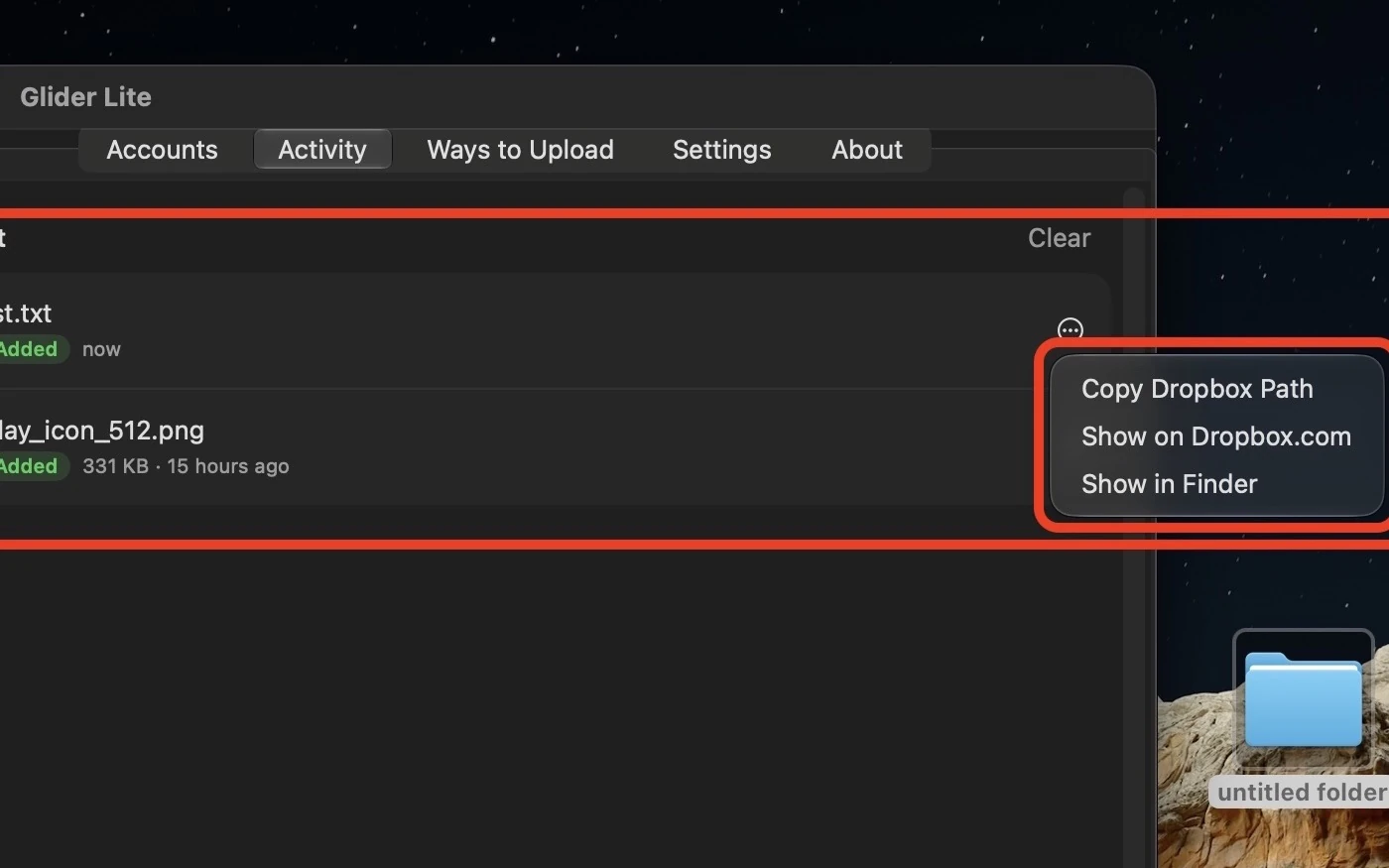 Glider Activity list with the menu for a recent upload: Copy Dropbox Path, Show on Dropbox.com, Show in Finder