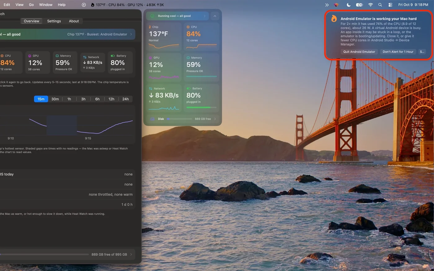 Heat Watch notification saying Android Emulator is working the Mac hard, with Quit and Don't Alert for 1 Hour buttons