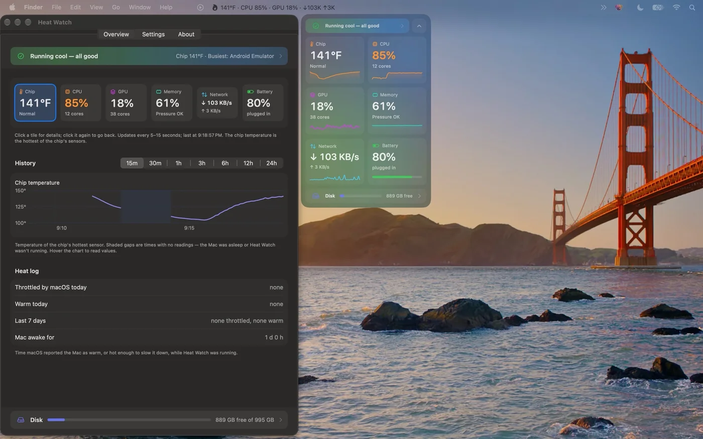 Heat Watch overview with chip temperature history and heat log, next to the floating desktop panel