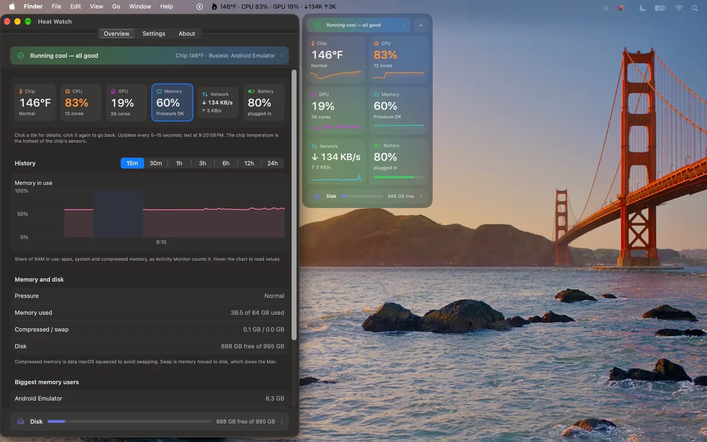 Heat Watch memory details with memory pressure, swap, disk and the biggest memory users