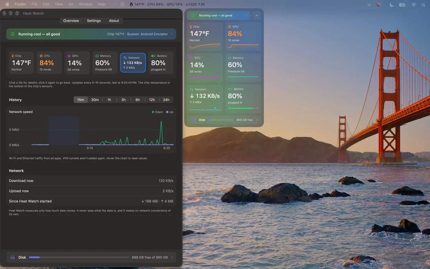 Heat Watch network details with download and upload speed history
