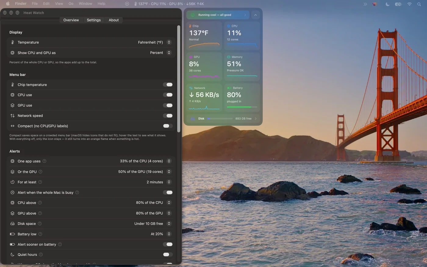 Heat Watch settings for display units, menu bar items and alert thresholds