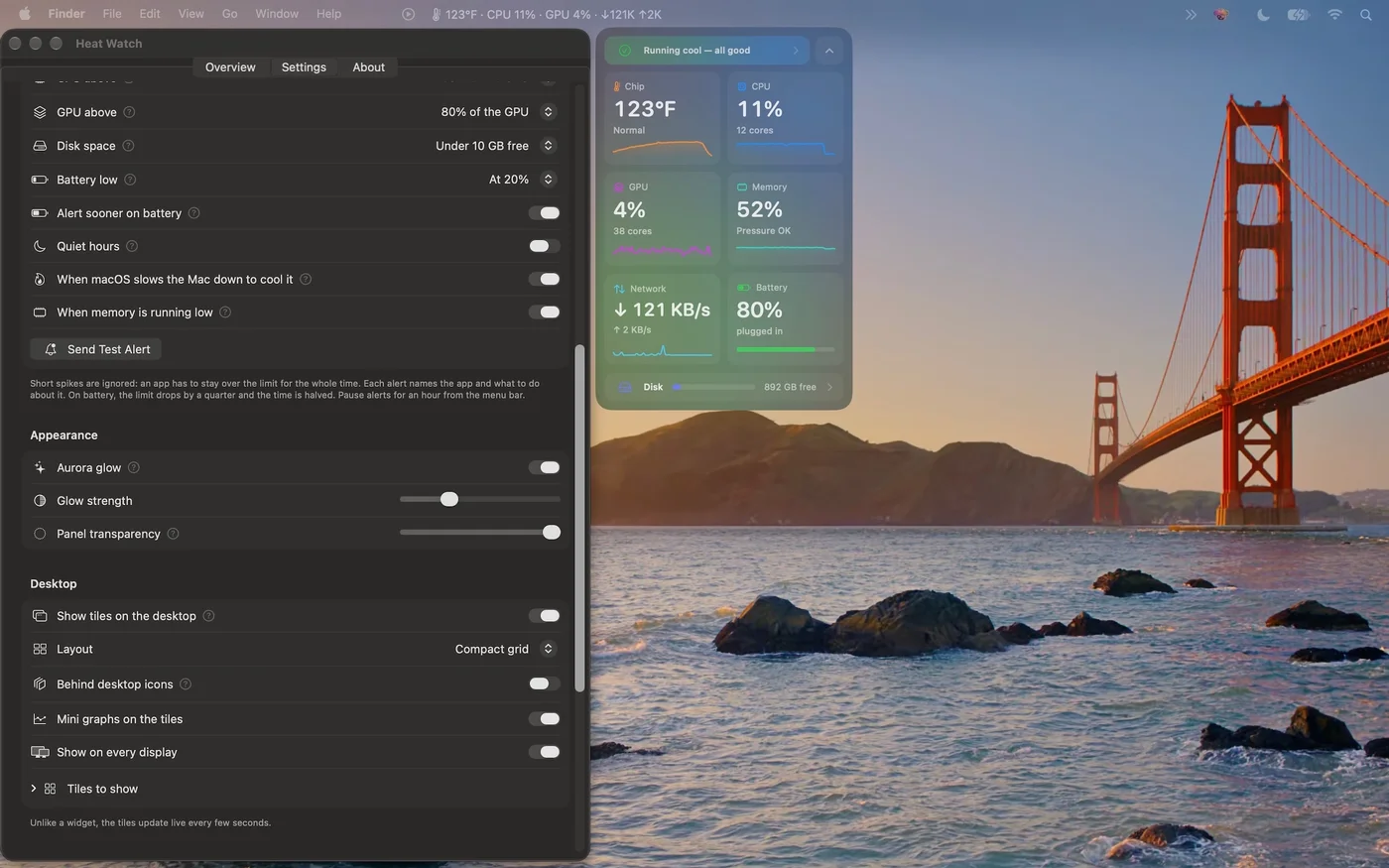 Heat Watch settings for alerts, appearance and the desktop tiles