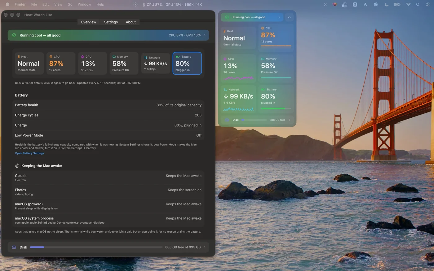 Heat Watch Lite battery details with battery health, charge cycles and apps keeping the Mac awake