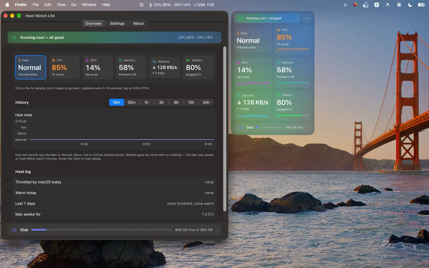 Heat Watch Lite overview with heat state history and heat log, next to the floating desktop panel