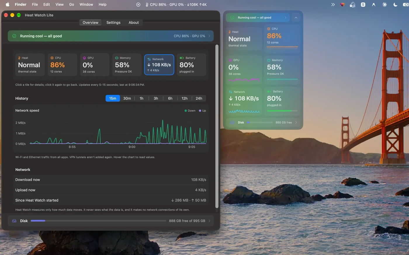 Heat Watch Lite network details with download and upload speed history