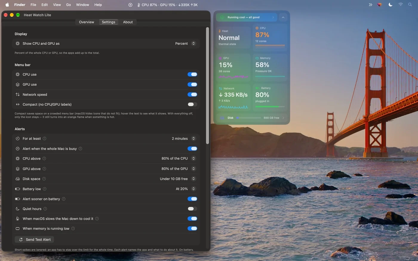 Heat Watch Lite settings for menu bar items and alerts