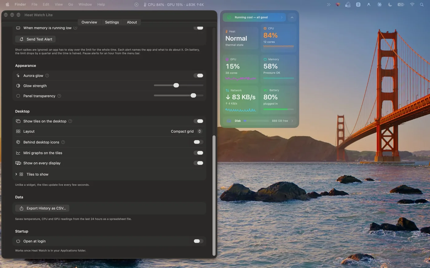 Heat Watch Lite settings for appearance, desktop tiles, CSV export and open at login