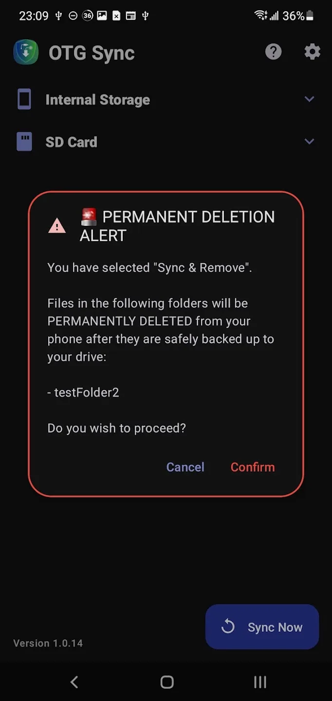 Permanent deletion alert listing the folders whose files will be removed after backup