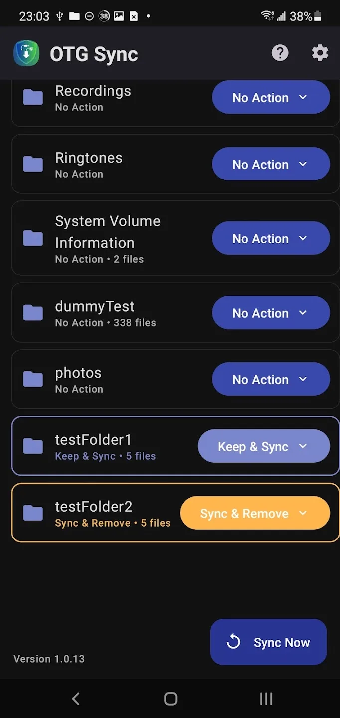 Folder list with a No Action, Keep and Sync or Sync and Remove setting and file count for each folder