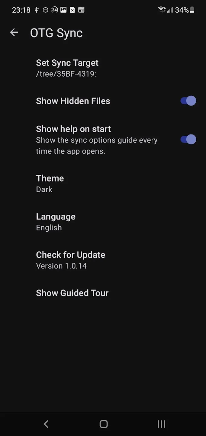Settings with sync target, hidden files, help on start, theme, language and guided tour
