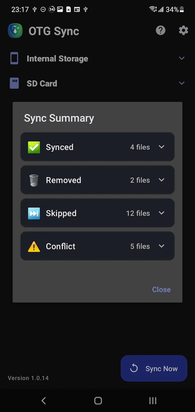 Sync summary with counts of synced, removed, skipped and conflicting files