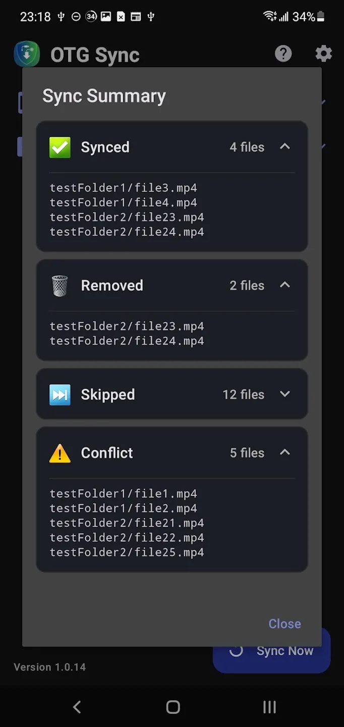 Sync summary expanded to list each synced, removed and conflicting file