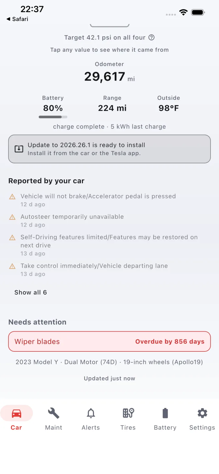 Car tab scrolled down to alerts reported by the car and items that need attention