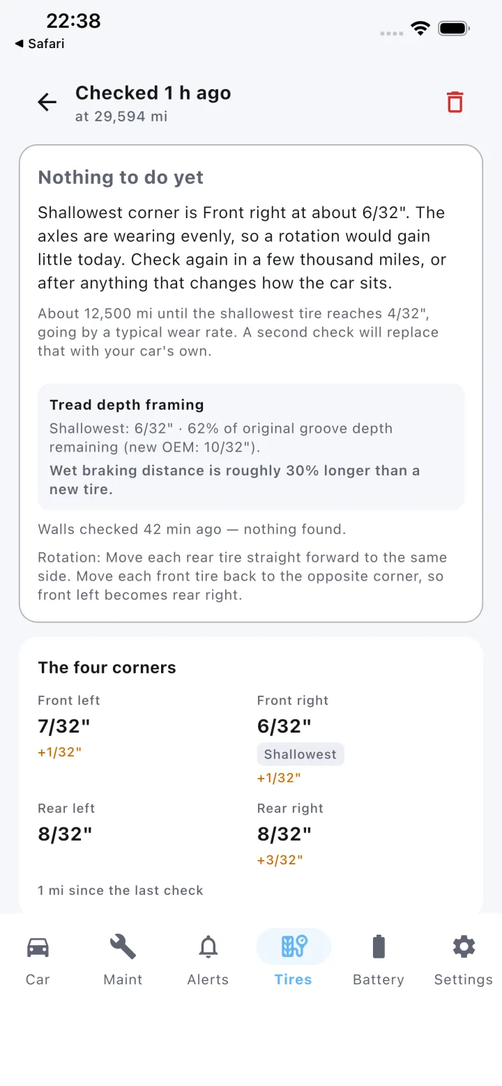 Tire check result with tread depth at each corner, rotation advice and estimated miles left