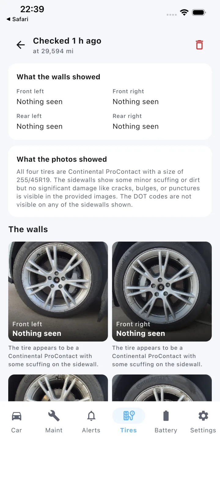 Sidewall check with a photo of each wheel and what was found