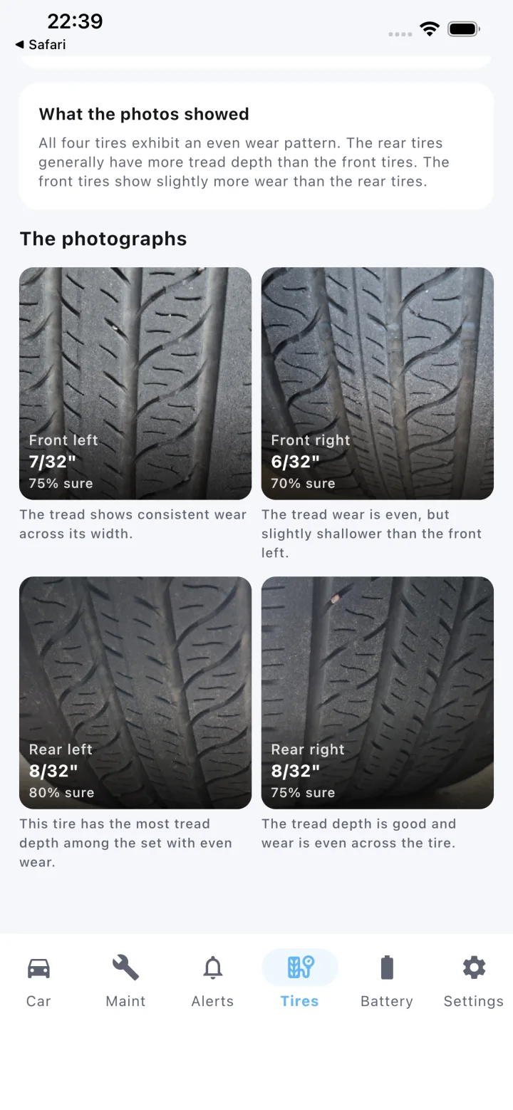 Tread photos of all four tires with estimated depth and confidence for each