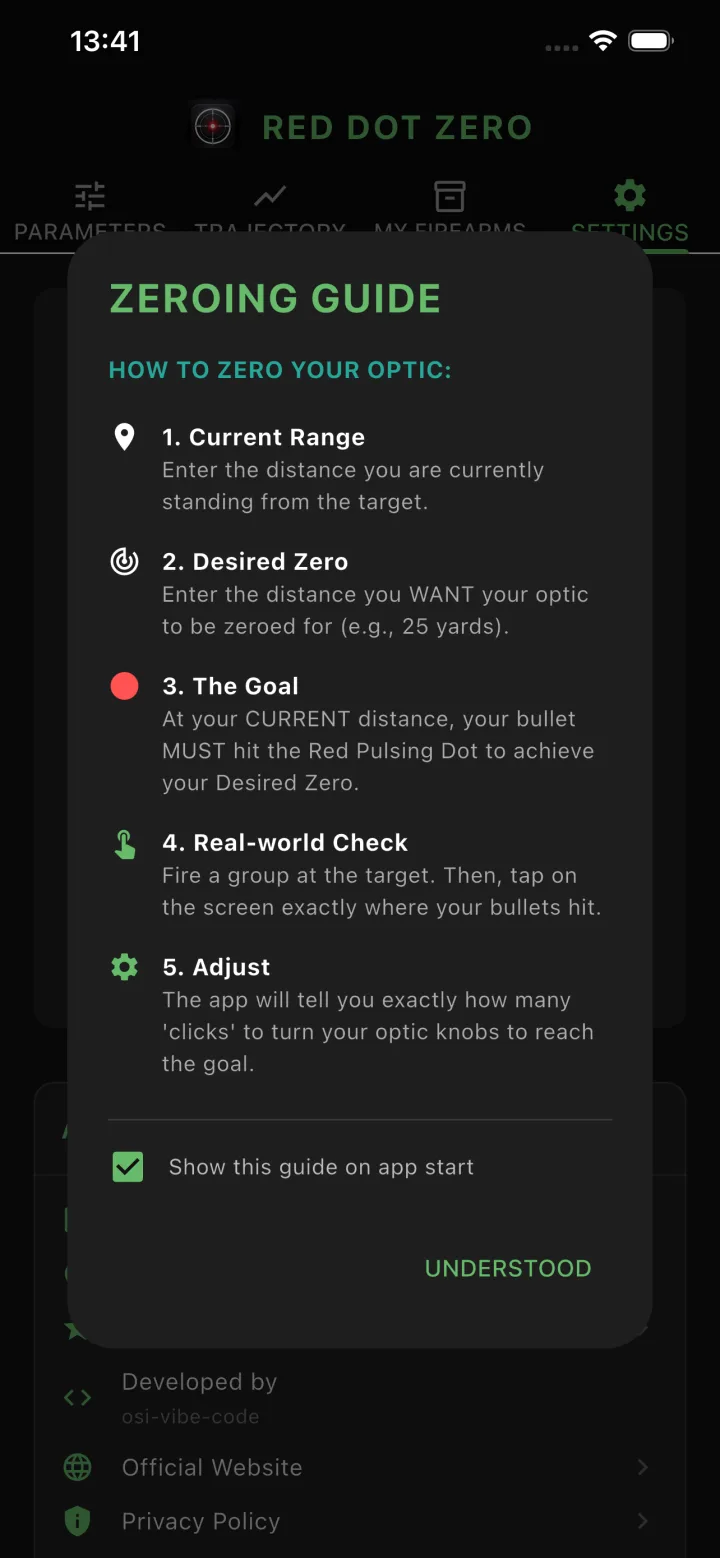 Zeroing guide with five steps