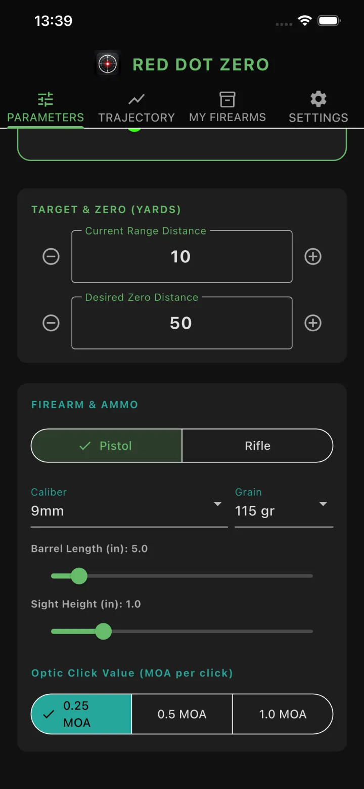 Range, zero distance, firearm, ammo and optic click value settings
