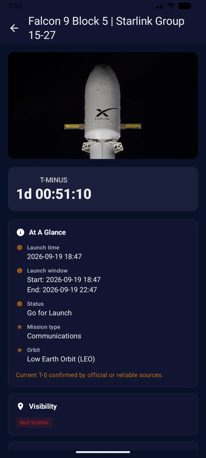 Falcon 9 Starlink launch with a live T-minus countdown, launch window, status, mission type and orbit