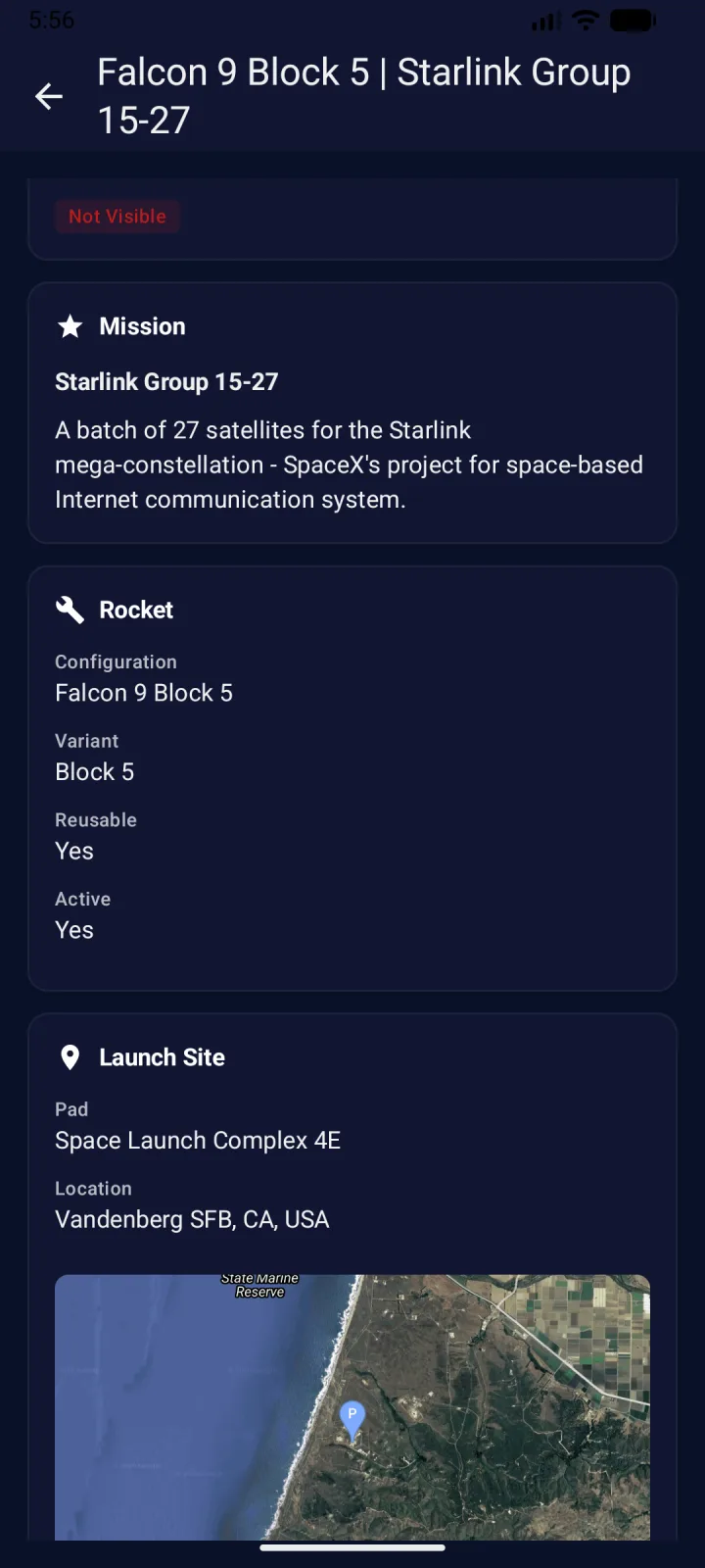 Launch details showing the mission, rocket configuration and the launch pad on a satellite map
