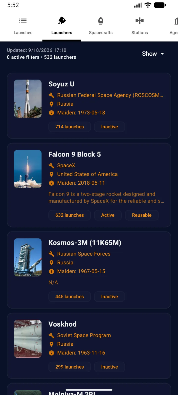 List of launchers such as Soyuz U and Falcon 9 Block 5 with maiden flight and launch count