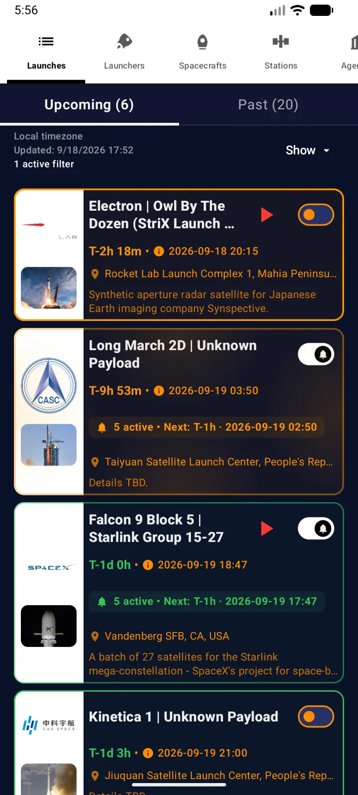 Upcoming launches with T-minus countdowns, launch sites and reminder toggles