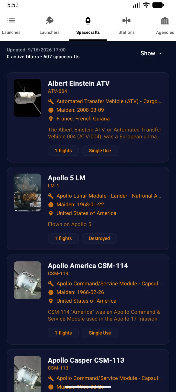 List of spacecraft including the Albert Einstein ATV and Apollo command modules