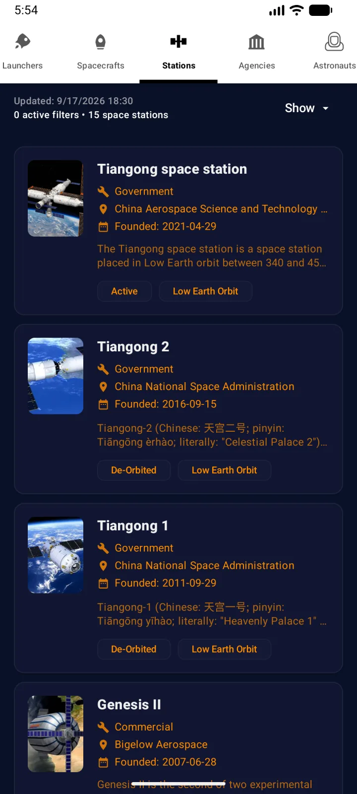 List of space stations including Tiangong, Tiangong 2 and Genesis II