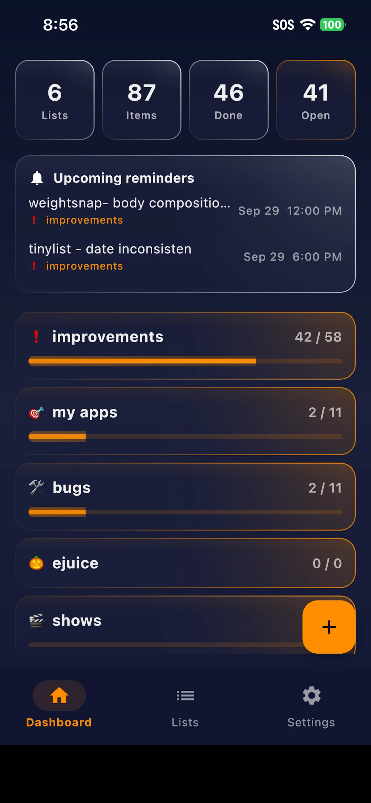 Dashboard with list, item, done and open counts, upcoming reminders and a progress bar for each list